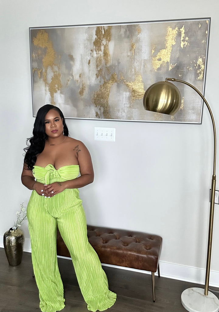 green strapless oversized jumpsuit 